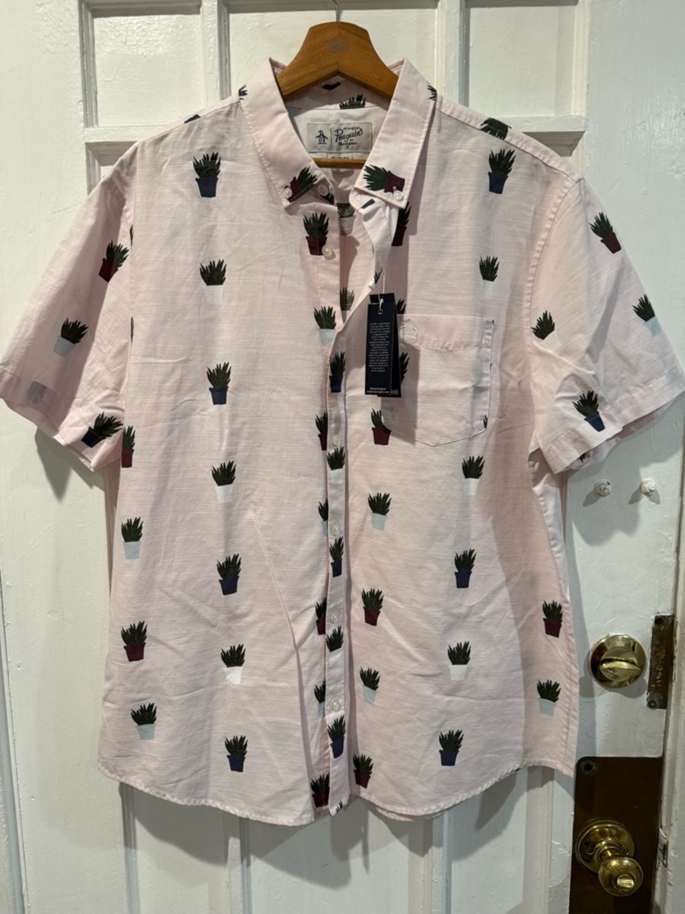 Original Penguin Pink Short-Sleeve Button-Up Shirt with Potted Plant Print
